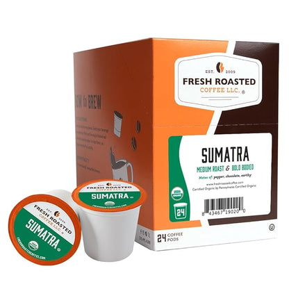 Fresh Roasted Coffee, Organic Sumatra | 100% Single Origin, USDA Organic, Kosher | Medium Roast K-Cup Compatible | 24 Pods