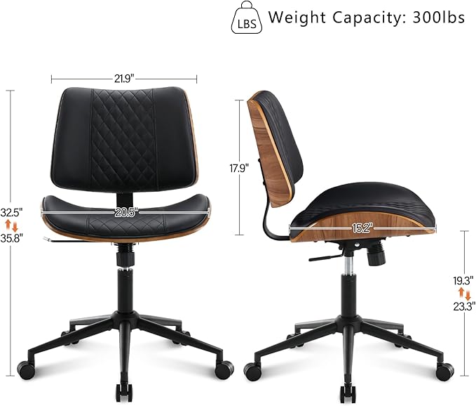 BV Small Desk Chair, Mid Century Office Chair with Bentwood Back, Armless Task Swivel Chair with Wheels, Mid Back No Arms, Faux Leather Office Chairs for Small Space, Black