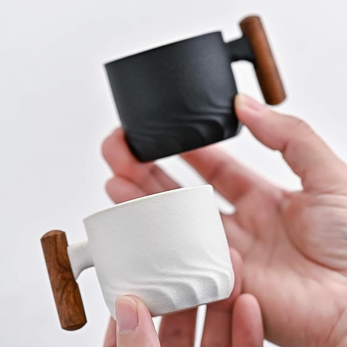 Porcelain Espresso Cups Set of 2, Small Tea Cups, 2 oz Ceramic Espresso Cups with Wooden Handle