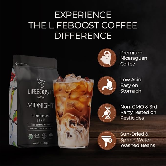 Lifeboost Midnight French Roast Coffee Beans - Single Origin Non-GMO USDA Organic Low Acid French Roast Coffee - Third Party Tested For Mycotoxins & Pesticides - 12 Ounces