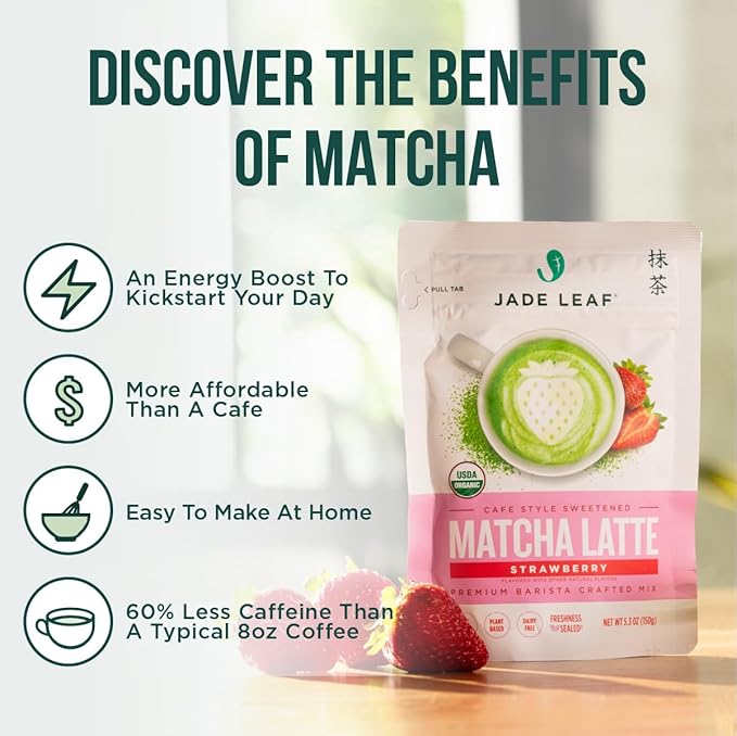 Jade Leaf Matcha Organic Cafe Style Strawberry Matcha Latte Green Tea Powder, Premium Barista Crafted Mix, Authentically Japanese, 15 Servings (5.3 Ounces)