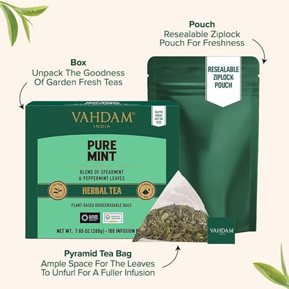VAHDAM, Pure Mint Herbal Tea (100 Pyramid Tea Bags) Caffeine Free, Non GMO, Gluten Free | Blend of Spearmint & Peppermint - Sweet & Minty | Resealable Ziplock Pouch