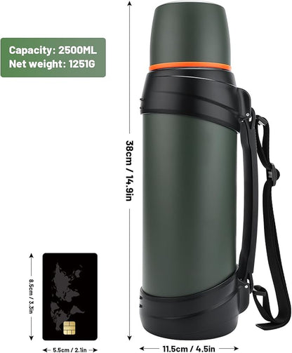 Large Thermosflask- 85oz Stainless Steel Insulated Bottle for Travel with BPA Free Cup - 2.5L Oversized Vacuum Insulated Thermoses with Handle and Strap for Hot & Cold Drinks(Green)