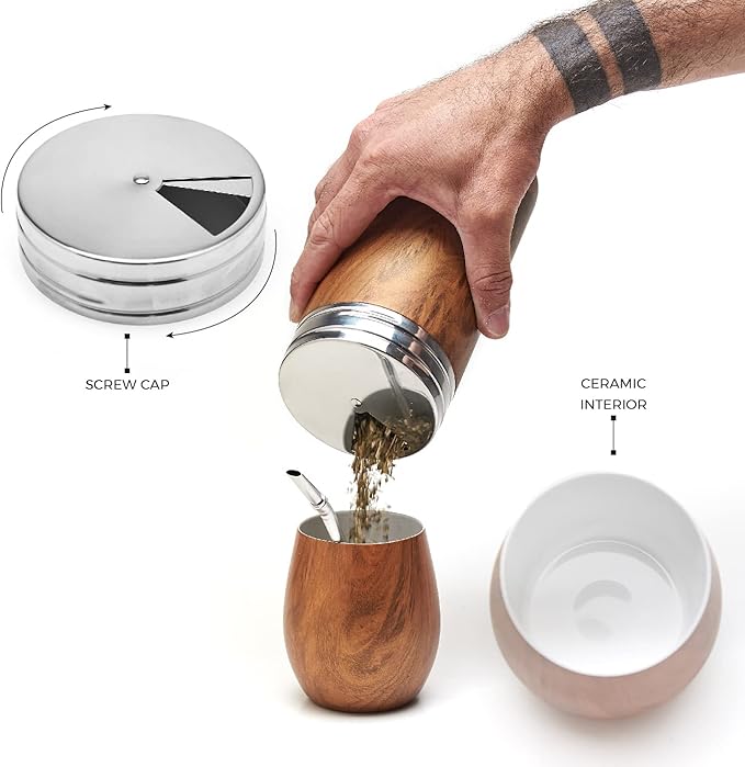 BALIBETOV Complete Yerba Mate Set - Modern Mate Gourd, Thermal Flask, Yerba Container, Bombilla and Cleaning Brush Included - All Premium Quality 304 18/8 Stainless Steel