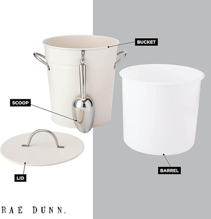 Rae Dunn Ice Bucket with Scoop - Stainless Steel Bucket with Handle, Lid and Ice Scooper - 4 Qt. Storage Bin for Ice Cubes for Bars, Parties, Backyard Barbeques, Picnics, and Camping (White)
