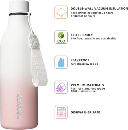 BJPKPK Insulated Water Bottles, 25 oz Stainless Steel Metal Water Bottle with Strap, BPA Free Leak Proof Jugs, Mugs, Flasks, Reusable Thermal Flasks for Sports & Travel, Graceful Pink