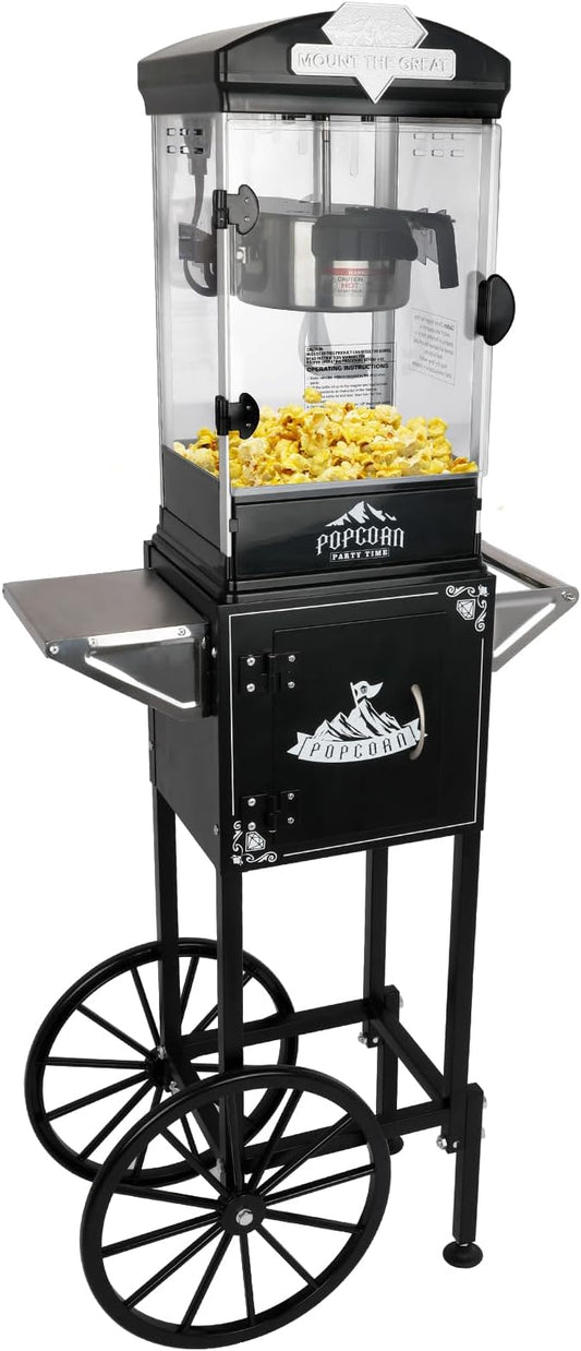 Popcorn Machine with Cart, Wheels & 10 Oz Kettle Popcorn Maker, Movie Theater Popcorn Maker Machine, Home Theater Popcorn Popper Measuring 3 Plastic Spoons