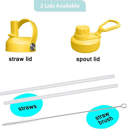 SENDESTAR 32oz Water Bottle Wide Mouth Stainless Steel Vacuum Insulated Double Wall with 2 Straw Lids Fit in Any Car Cup Holder TXIN-32-YP-1