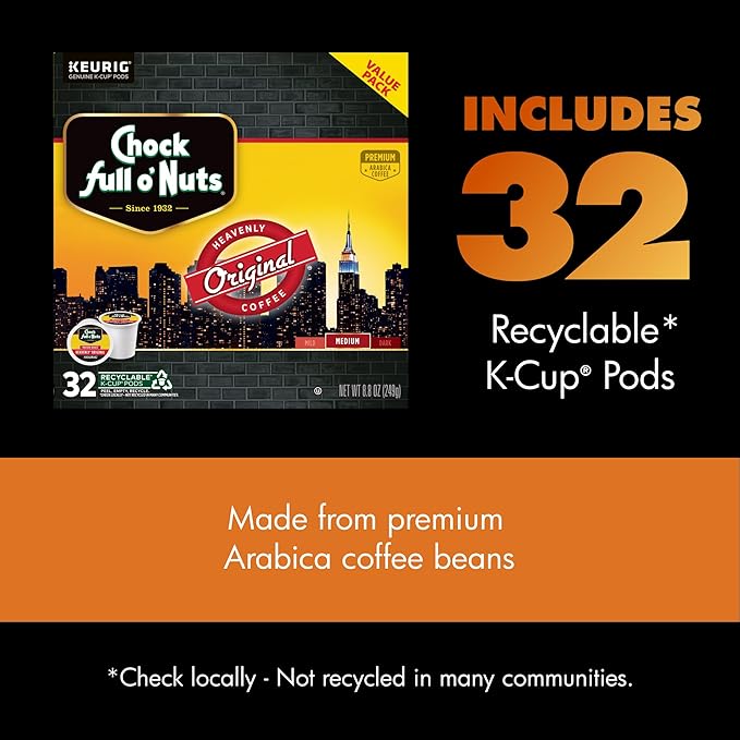Chock full o’Nuts Heavenly Original Keurig K-Cup Pods for Keurig Brewers – Premium Arabica, Medium Roast – Single Serve – 1 Pack of 32 K-Cup Pods