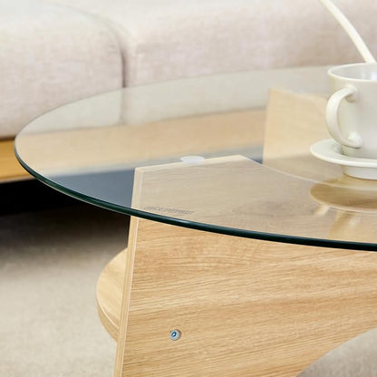 31.5" Round Glass Coffee Table with Tempered Glass Top and MDF Base, Diagonal Fan-Shaped Tray Design Table Leg Simple & Modern Center Table for Living Room Office Apartment Wood
