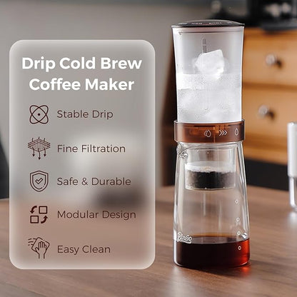 Adjustable Flow Cold Brew Coffee Maker, 450ml Glass Ice Drip Tower with Control Valve & 500-Mesh Stainless Steel Filter for Smooth, Low-Acid Cold Brew Iced Coffee at Home (Translucent Amber)