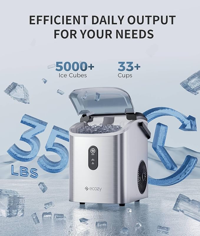 ecozy Nugget Ice Maker Countertop, Smart Portable Crushed Ice Maker with Voice Control, Pellet Chewable Ice 33lbs/24H, Self-Cleaning, with APP WiFi, Timer Function and Status Alerts, Bonus TDS Meter