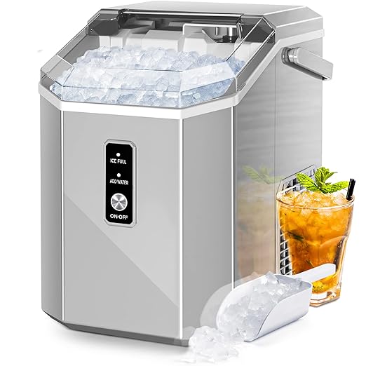 AGLUCKY Nugget Ice Maker Countertop, Portable Crushed Ice Maker Machine with Handle, 35lbs/24H, One-Click Operation, Self Cleaning Ice Machine for Home/Kitchen/Office(Grey)