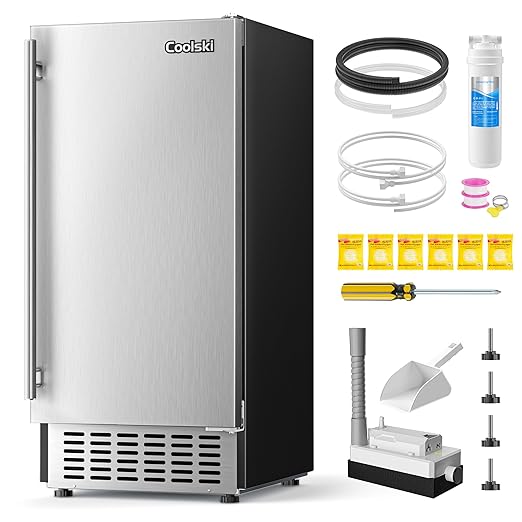 Coolski Commercial Under Counter Ice Maker Machine, Stainless Steel Built-in Freestanding Ice Maker with Condensate Removal Pump, Water Filter, for Home & Commercial Use, 100 LBS/Day