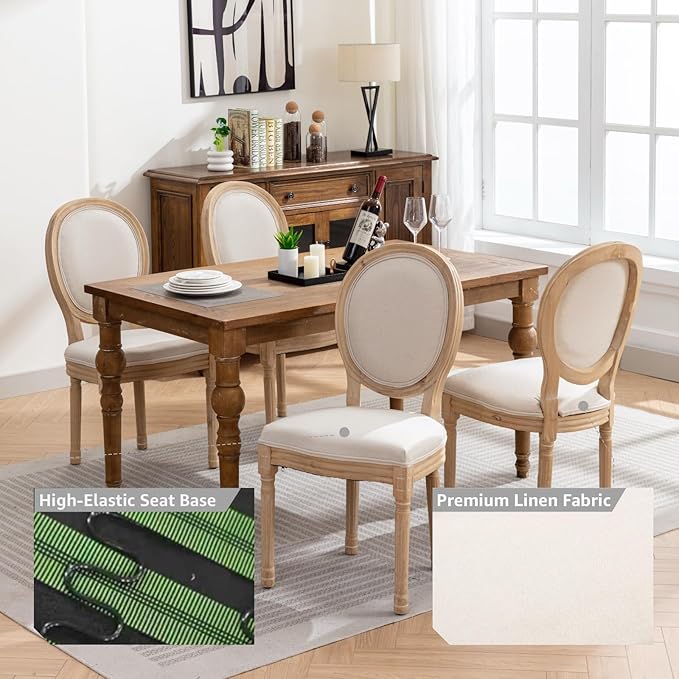French Country Dining Chairs Set of 4, Beige Round Back Dining Chairs with Linen Upholstered Seat, Solid Wood Legs, Farmhouse Kitchen & Dining Room Chairs, Sillas De Comedor (Beige, 4Pcs)