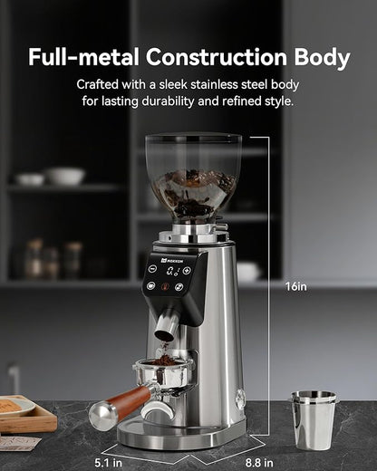 MOKKOM Professional 64mm Flat Burr Coffee Grinder with 100 Grind Settings, All-Metal Stainless Steel Body, Coffee Bean Grinder with Adjustable Electronic Timer, Anti-Static, LED Display
