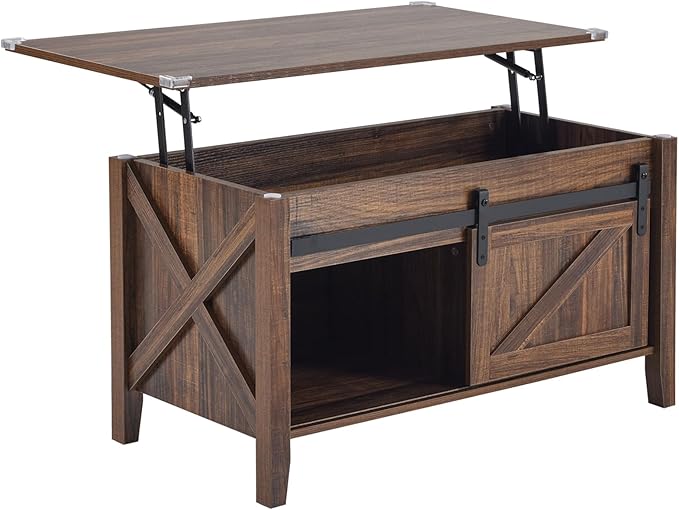 VINGLI Espresso Lift Top Coffee Table, 36" Small Farmhouse Barn Door Coffee Table with Storage, Rectangular Center Wood Coffe Table with Lifting Top, Lift Up Living Room Tables with Hidden Compartment