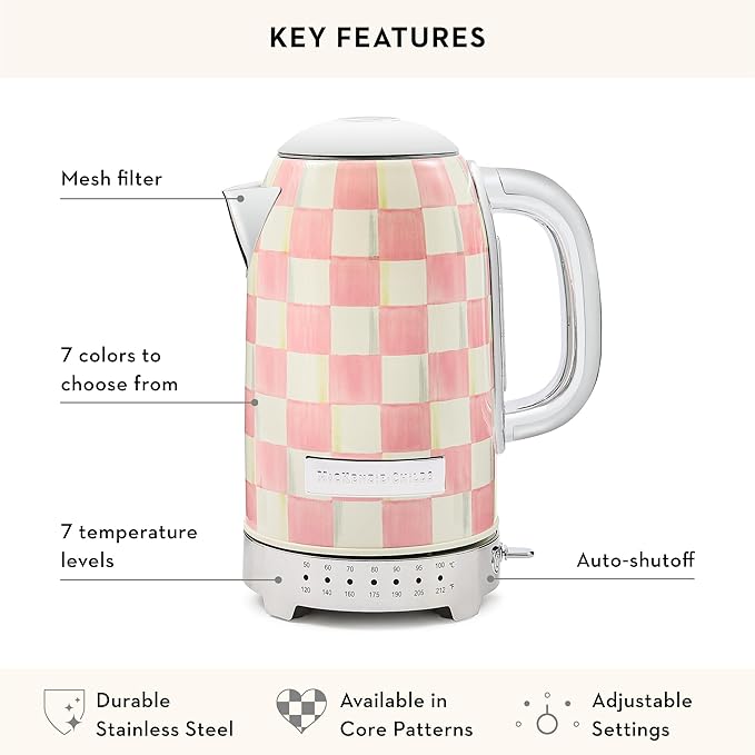 MACKENZIE-CHILDS Electric Kettle, Stainless-Steel Tea Kettle, Pink-and-White Rosy Check