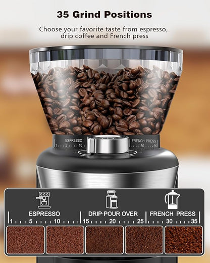 COWSAR Conical Burr Coffee Grinder, Burr Grinder with 35-Position for 2-12 Cup, Anti-Static, Double Portafilter Holders, One-Touch Switch, Easy to Clean, Ideal for Espresso/Drip/French Press