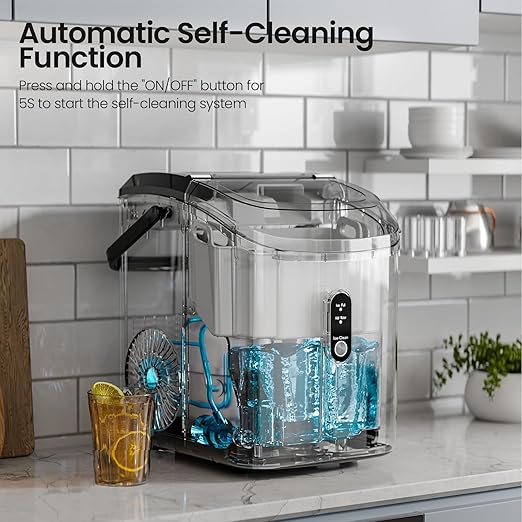 Nugget Ice Maker Countertop with Self-Cleaning Function, Sonic Ice Machine with Handle, Compact Design for Home Use(Stainless Steel Silver)