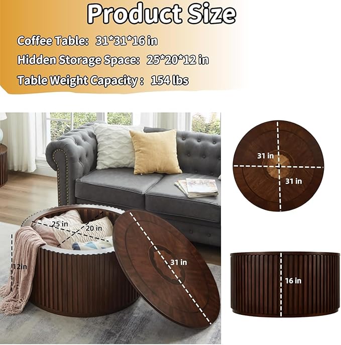 Round Wood Coffee Table for Living Room, Modern Circle Table with Removable Lid, Rustic Drum Table for Reception Room, No Need Assembly (31x31x16 in)
