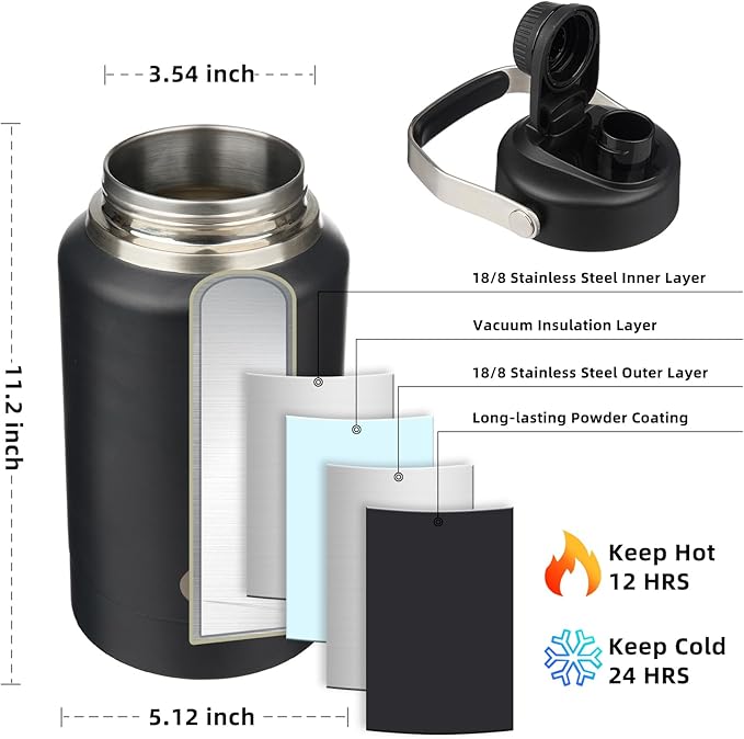 BJPKPK 64oz Insulated Water Bottles, Dishwasher Safe Half gallon Water Bottle with Metal Handle, BPA Free Spout Lid & Detachable Bowl, Large Stainless Steel Jugs, Black