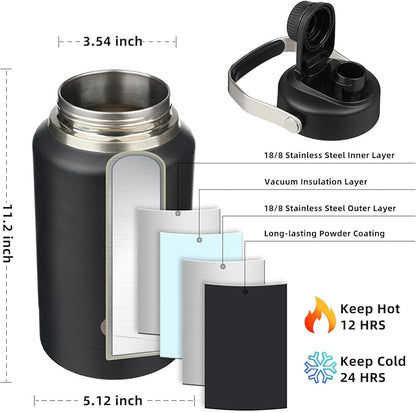 BJPKPK 64oz Insulated Water Bottles, Dishwasher Safe Half gallon Water Bottle with Metal Handle, BPA Free Spout Lid & Detachable Bowl, Large Stainless Steel Jugs, Black