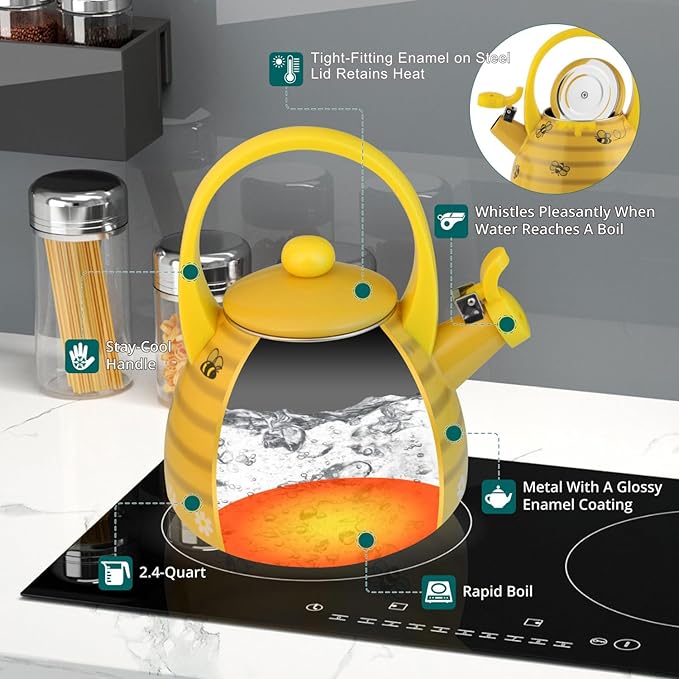 Whistling Tea Kettle for Stove Top Enamel on Steel Teakettle, Supreme Housewares Bee Hive Design Teapot Water Kettle Cute Kitchen Accessories Teteras (2.4 Quart, Bee Hive)