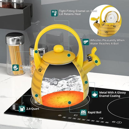 Whistling Tea Kettle for Stove Top Enamel on Steel Teakettle, Supreme Housewares Bee Hive Design Teapot Water Kettle Cute Kitchen Accessories Teteras (2.4 Quart, Bee Hive)