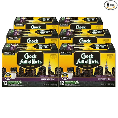 Chock Full o'Nuts Upper West Side Coffee, Dark Roast, Compatible with K-Cup Pods, 12 CT (Pack of 6)