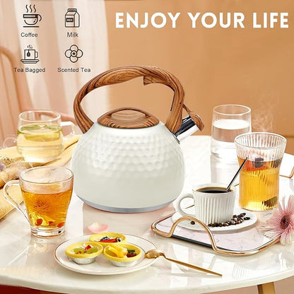 GGC Tea Kettle for Stove Top, Loud Whistling Kettle for Boiling Water Coffee or Milk, 3.1 Quart 3L Heavy Stainless Steel White Kettles with Wood Pattern Handle, Unique Button Control Kettle Outle