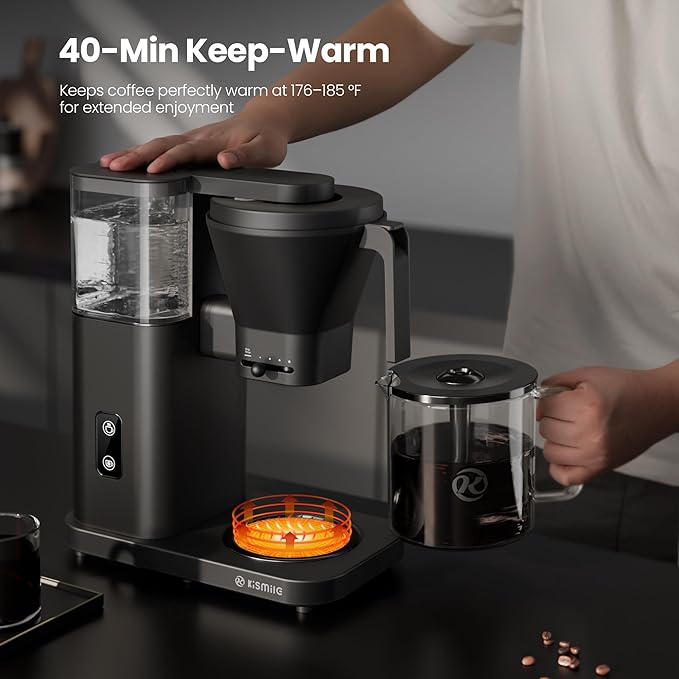 Kismile 8 Cup Drip Coffee Maker Machine, Pour Over Coffee Brew with 3s Instant Heat 197-205℉, Removable Water Tank, Adjustable Flow Control, Deep Cold Brew & Keep Warm 40 Min, Easy to Clean(Black)