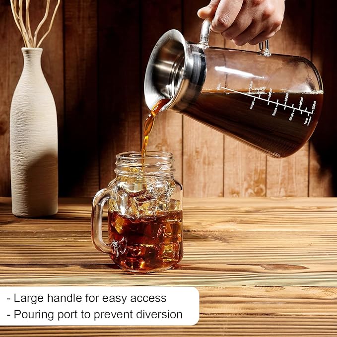 Aquach Airtight Cold Brew Coffee (Iced Tea) Maker 51oz/1.5L, BPA-Free, Durable Borosilicate Glass Pitcher and Stainless Steel Fine-Mesh Filter, Dishwasher Safe, Spill-proof, 6 Cups Capacity
