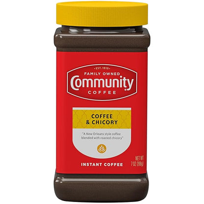 Community Coffee Coffee and Chicory Instant Coffee, Medium Dark Roast, 7 oz Jar (Pack of 12)