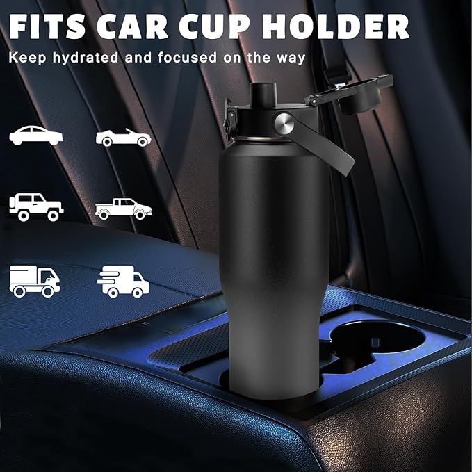 Insulated Water Bottle Fit in Car Cup Holder - 32oz Stainless Steel Tumblers with Straw & Spout Lids, Paracord Handle, Carrier Bag & Bottle Boot, Insulated Tumbler Mug Keep Cold-48H &Hot-12H
