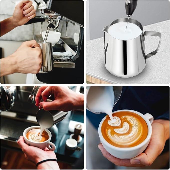 Milk Frothing Pitcher, Espresso Steaming Pitcher 12oz,Espresso Machine Accessories,Stainless Steel Milk Coffee Cappuccino Barista Steam Pitchers Milk Jug Cup with Decorating Pen Latte Art