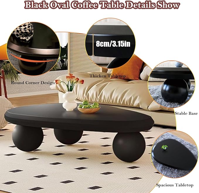 Black Oval Coffee Table - Ball Legs, Stylish Chic Wood Center Table - Smooth Round Corner Finishes Design, Easy to Clean & Assemble (G-39.37in)