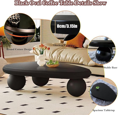 Black Oval Coffee Table - Ball Legs, Stylish Chic Wood Center Table - Smooth Round Corner Finishes Design, Easy to Clean & Assemble (G-39.37in)