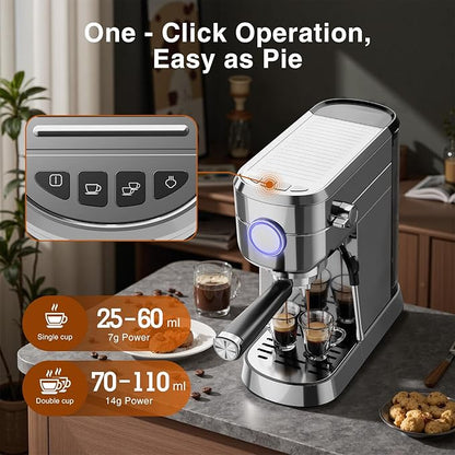 Crzoe Espresso Machine 20 Bar, Compact 1350W Espresso Maker with Steam Milk Frother, Semi-Automatic Coffee Machine, Fast Heating, for Cappuccino, Latte, 1.2L Removable Water Tank (Stainless Steel