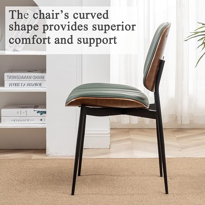 LUNLING Dining Chairs Set of 2 Mid Century Modern Retro Faux Leather Chair with Walnut Bentwood Upholstered Seat Metal Legs Chairs,Adjustable Foot for Kitchen Dining Room Chairs(Green)