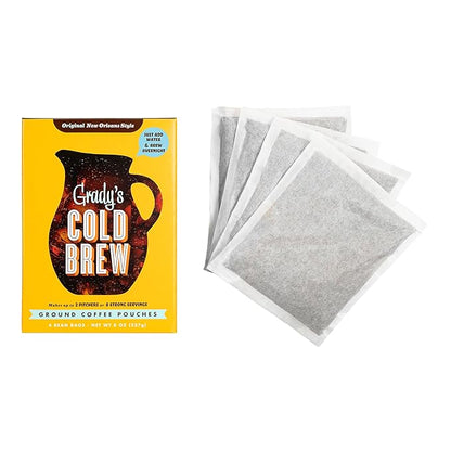 GRADY’S COLD BREW, New Orleans Style, 100% Arabica Ground Coffee & Chicory Pouches, One Box of Four Easy-to-Brew Bean Bags, Makes 12 drinks