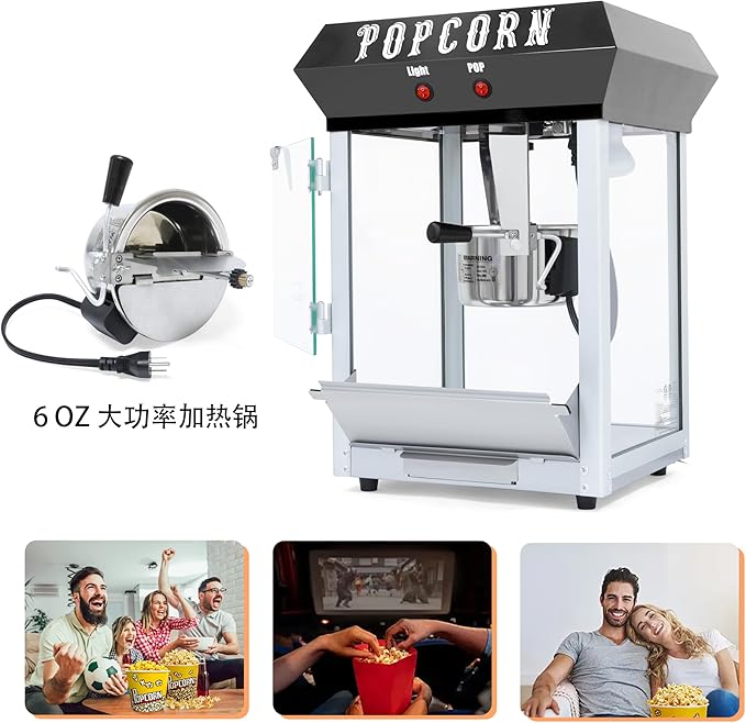 6OZ Popcorn Machine 丨 Stainless Steel Kettle Popcorn Maker Machine for Home, Theater, Parties丨Grade Electric Popper, Black