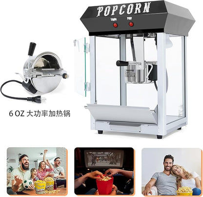 6OZ Popcorn Machine 丨 Stainless Steel Kettle Popcorn Maker Machine for Home, Theater, Parties丨Grade Electric Popper, Black