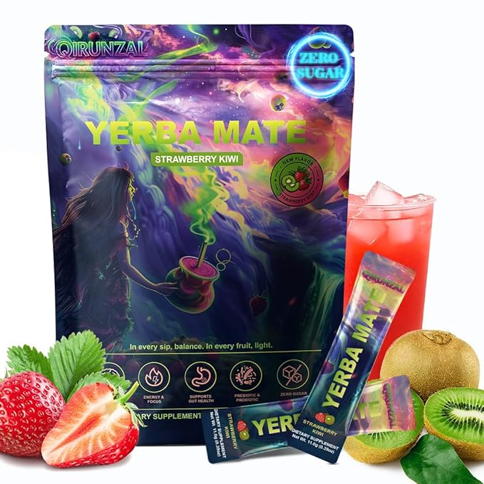 Yerba Mate Sticks Tea Powder - Strawberry Kiwi Single Serve Sticks - Instant Tea Powder On The Go - Nootropic, Prebiotic & Probiotic Mix with Vitamin B3, B6 & B12 - Sugar-Free - 20 Servings