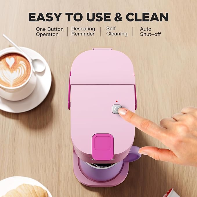Single Serve One Cup Coffee Maker, for K Cups and Grounds, Mini Coffee Maker with Portable Handle, 6 to 12 Oz Brew Size, for Travel, Camping, Office, RV and Dorm, 120V, Dusty Rosa