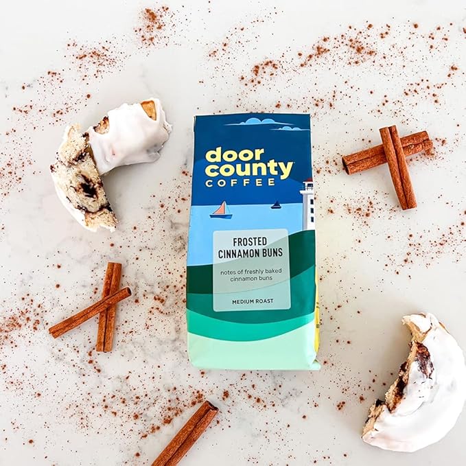 Door County Coffee Frosted Cinnamon Buns Flavored Whole Bean Medium Roast - 10 oz Bag - 100% Specialty Grade 1 Arabica Coffee