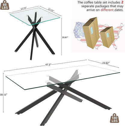 Black Glass Coffee Table Set of 3 Modern End Table Living Room Side Table, Geometric Metal Legs 47.2 Inch Clear Rectangle Center Cocktail Tables, Black