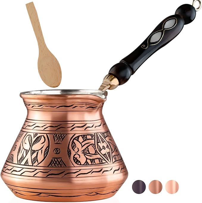 BCS 18 Oz X-Large Copper Turkish Greek Arabic Coffee Pot with Wooden Handle (6 servings) Cezve Ibrik Briki Stovetop Coffee Maker (Includes Wooden Spoon)