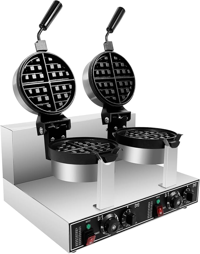 Commercial Waffle Maker, Double Head Waffle Maker Machine Belgian Round Waffle Iron Non-Stick Rotary Heating Pancake Machine with Temp & Time Control for Kitchen Restaurant (Stye 2)
