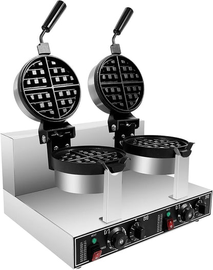 Commercial Waffle Maker, Double Head Waffle Maker Machine Belgian Round Waffle Iron Non-Stick Rotary Heating Pancake Machine with Temp & Time Control for Kitchen Restaurant (Stye 2)